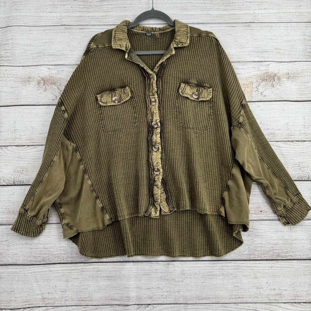 Free People Button Down Shirt Womens Small Olive Green Waffle Knit Shacket